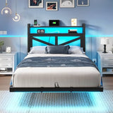 DWVO Twin Size Floating Bed Frame with RGB LED Lights and Charging Station, Upholstered Platform Bed Frame with 2-Tier Storage Shelf Headboard, Solid Metal Slats, Noiseless, Easy Assembly, Black DWVO