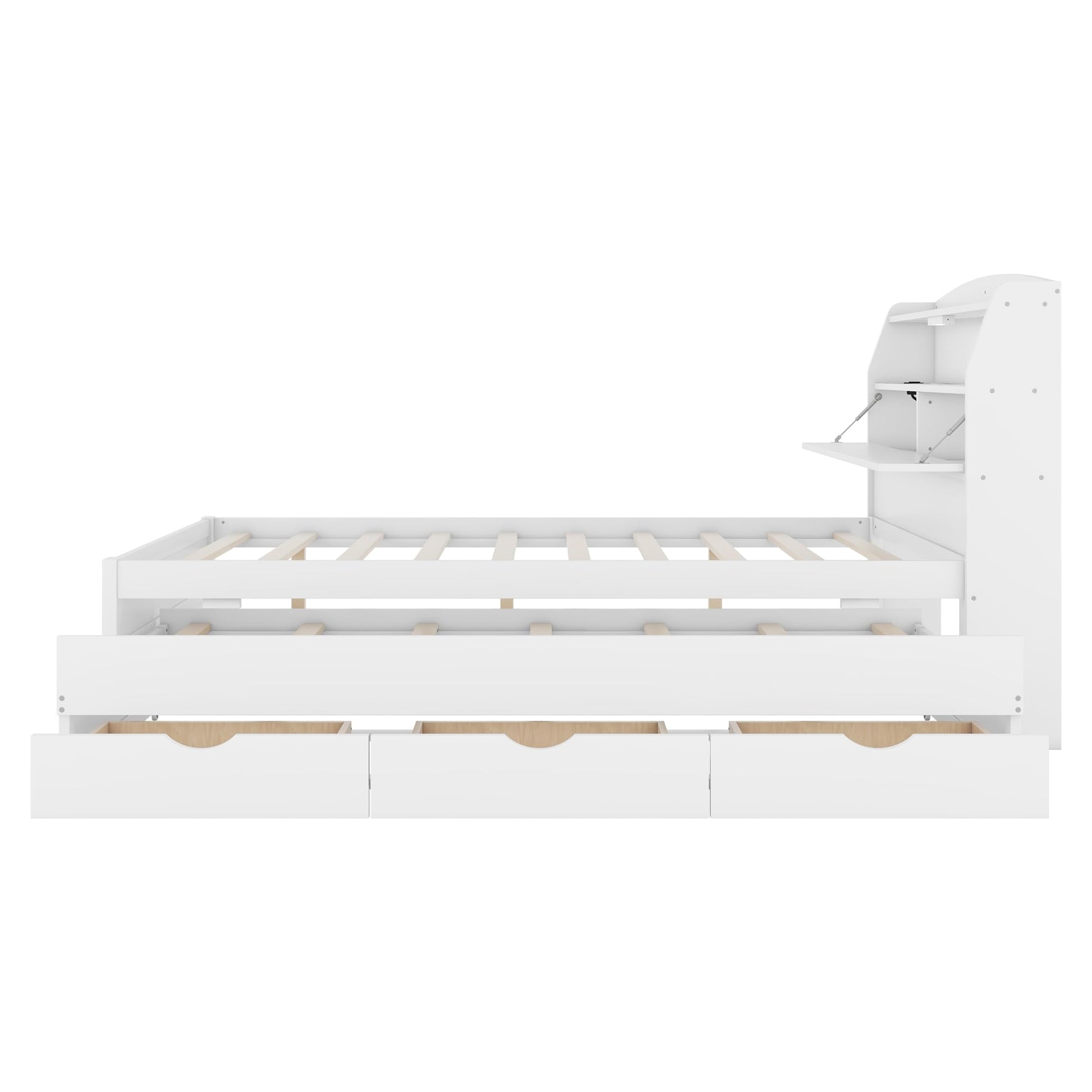 MERITLINE LED Platform Bed with Trundle, Drawers, and Bookcase Headboard - White Full Size Frame with USB Ports - WoodArtSupply