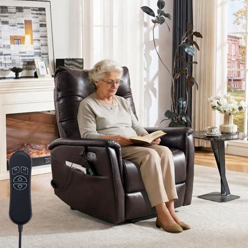 EONIX Wall Hugger Power Lift Recliner Chair for Elderly, Dual Motor Zero Clearance Power Lift Chair for Small Spaces, Electric Lumbar Support with Heat & Massage, Breathable Leather, Dark Brown
