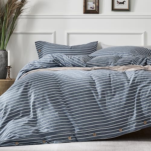 JELLYMONI Washed Cotton Duvet Cover Queen Size – Breathable & Cozy Bedding Set for Modern Homes, Dorms & Guest Rooms, Blue Striped Comforter Cover with Button Closure, 1 Duvet Cover & 2 Pillowcases JELLYMONI