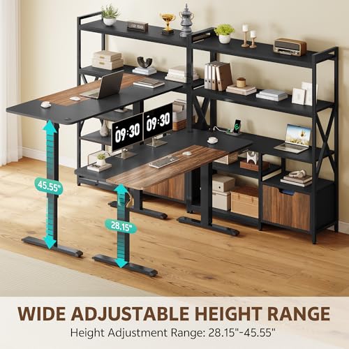 Homiflex 77.8 Inches L Shaped Standing Desk Corner Desk with Hutch Electric Height Adjustable Desk with Storage Shelves File Drawer Power Outlets Reversible Computer Gaming Desk for Home Office Black Homiflex