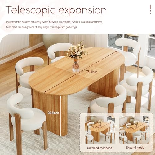 HMHKHN 90" Extendable Dining Table for 4 to 8, Oval Wooden Extendable Dining Room Table with Curved Fluted Wood Strip Base for Home (Natural, Table with 4 Panels) HMHKHN