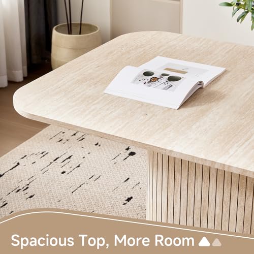 Valivestia 63" Large Dining Table for 4 6, Rectangular Farmhouse Modern Kitchen Dinner Table with Rounded Corners & Wood Strip Pedestal Base Rectangular for Dining Room, Stone Patterned Valivestia