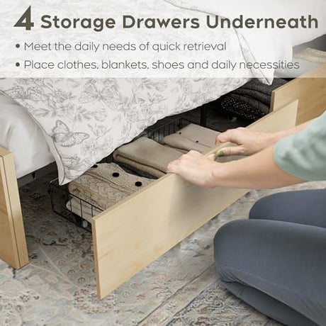 Yechen Full Bed Frame with Natural Rattan Headboard and Wooden 4 Storage Drawers, Light Oak Bedframe Metal Platform with Strong Wooden Slats Support, Bamboo Cane Beds, No Box Spring Needed Yechen