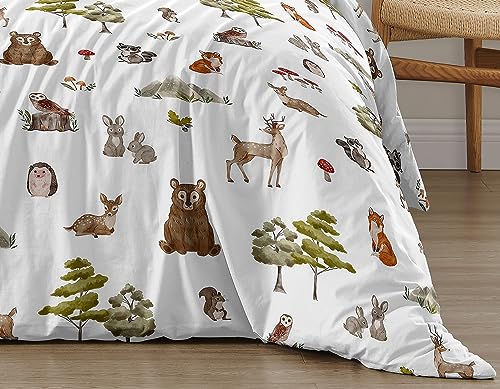 Sweet Jojo Designs Woodland Forest Animals Boy Girl Gender Neutral Unisex Queen Comforter Set Full Size Bedding Kids Teen Adult Bed Room 3pc Brown Bear Owl Animal Print Tree Deer Bunny Taupe Friends Sweet Jojo Designs