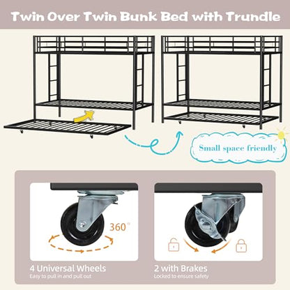 Shintenchi Bunk Bed Twin Over Twin Size with Trundle, Heavy-Duty Twin Bed Frame with Full-Length Guardrail and Two Ladders, Triple Bunk Bed for Kids, Teens and Adults, Space-Saving, Black