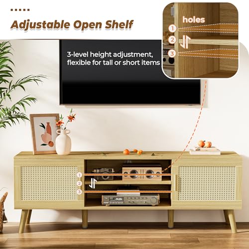 SUPERJARE Boho TV Stand for 55 Inch TV, Entertainment Center with Adjustable Shelf, Rattan TV Console with 2 Cabinets, Media Console, Solid Wood Feet, 4 Cord Holes, for Living Room - Natural - WoodArtSupply