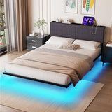 HOMERECOMMEND Floating Full Size Bed Frame,Full Bed Frame with Storage Headboard with Charging Station,Corduroy Upholstered Platform Bed with Smart LED Lights,No Box Spring Needed,Black+Dark Grey HOMERECOMMEND