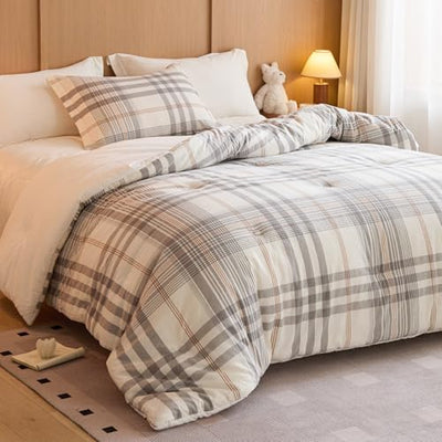 hadamick 100% Cotton Comforter Set Twin Size – Reversible Yarn-Dyed Checkered Design, Soft Washed Cotton on Both Sides, Lightweight All-Season Bedding, Machine Washable(Grey White Plaid, 68”x90”)