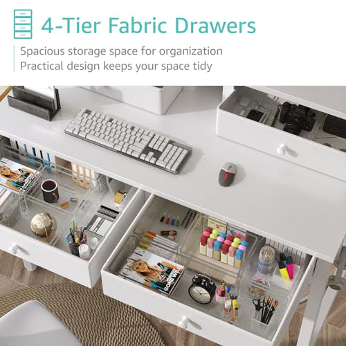 Lufeiya Small White Desk with Fabric Drawers for Bedroom, 32 inch Vanity Makeup Desk with Drawers Storage for Home Office, Writing Study Table with Power Outlet & Monitor Stand, White Lufeiya