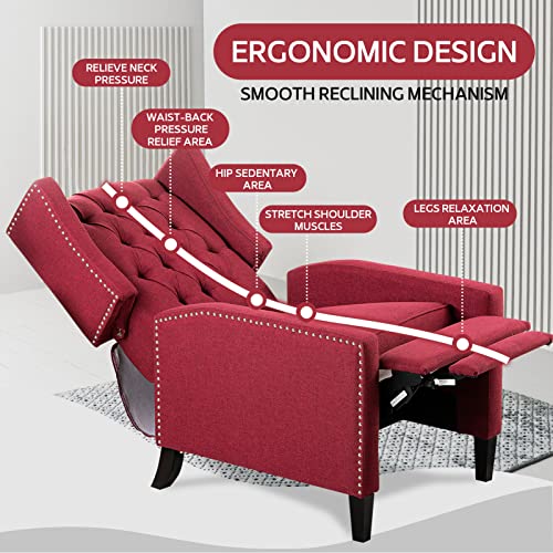 Recliner Chair for Adults Red Fabric Accent Chairs Living Room Mid-Century Modern Recliner Button Tufted Club Chair Upholstered Vintage Reclining Reading Arm Chair 27" Wide