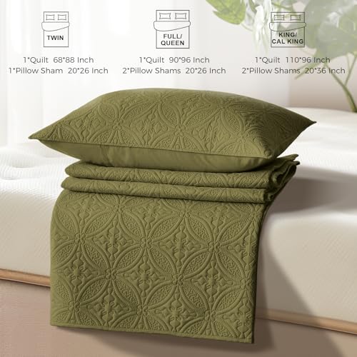 WURUIBO King/Cal King Quilt Set Olive Green, Microfiber Lightweight Bedspreads, Ultrasonic Embossed Solid Coverlet, Thin Bedding Set for All Season, Soft Breathable Bed Cover(1 Quilt, 2 Pillow Shams) WURUIBO