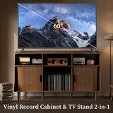 Record Player Stand with Vinyl Storage, Mid Century Modern Vinyl Storage Cabinet with Power Outlet and Sliding Doors, Turntable Stand Table Holds Up to 350 Albums for Living Room (walnut, 55.1"W) tauxkoi