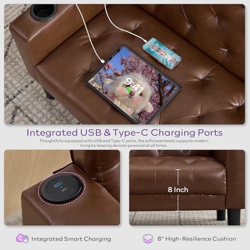 TYBOATLE 62" W Brown Leather Loveseat w/ 2 USB and 2 Cupholders, Mid-Century Modern Tufted Small Love Seat Couches for Office, Living Room, Bedroom, Dorm (1, Brown) TYBOATLE