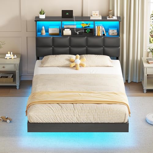 VIAGDO Floating Bed Frame Twin Size with Headboard and Storage, Uphols ...