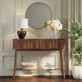 Cooday Console Table with Solid Wood Leg,Fluted Entryway Table with Storage Drawers, Mid-Century Modern Narrow Console Table for Living Room,Hallway,Walnut Cooday