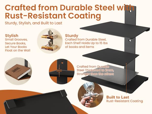 Wawocs Invisible Floating Book Shelves for Wall, 4 Tier Heavy Duty Metal Loads 60LBS, Vertical Spine Book Tower Floating Bookshelves, Book Organizers for Home Office, 2 Pack Black Wawocs