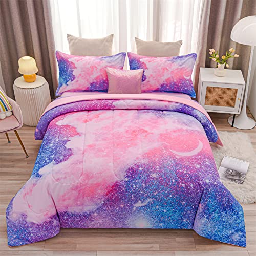 A Nice Night Galaxy Bedding Sets Outer Space Comforter 3D Printed Space Quilt Set Twin 6Pcs Glitter Pink,for Children Boy Girl Teen Kids A Nice Night