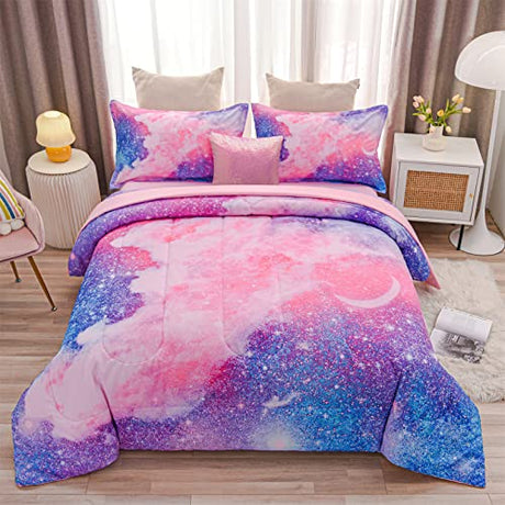 A Nice Night Galaxy Bedding Sets Outer Space Comforter 3D Printed Space Quilt Set Twin 6Pcs Glitter Pink,for Children Boy Girl Teen Kids A Nice Night
