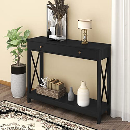 Treocho Black Console Table with Drawer and Storage Shelves, Foyer Sofa Table Narrow for Entryway, Living Room, Hallway - WoodArtSupply