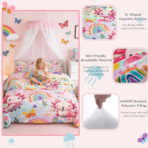 Feelyou Cute Axolotl Comforter Cartoon Salamander Comforter Set for Kids Boys Girls Rainbow and Butterflies Bedding Set Ombre Quilt Set Bedroom Collection 2Pcs Twin Size Feelyou