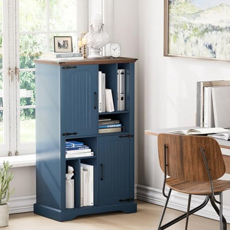 Maupvit Large Record Player Stand, 47" Farmhouse Navy Blue Vinyl Record Storage Cabinet with Barn Doors, Mid-Century Freestanding Rustic Wood Turntable Stand Maupvit