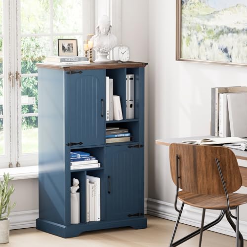 Maupvit Large Record Player Stand, 47" Farmhouse Navy Blue Vinyl Record Storage Cabinet with Barn Doors, Mid-Century Freestanding Rustic Wood Turntable Stand Maupvit