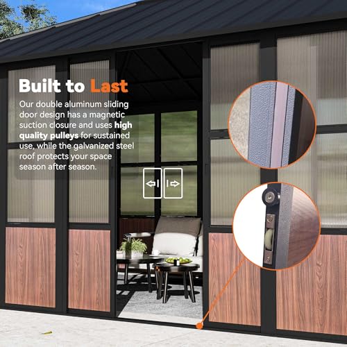 Modern Shade Clario Solarium 12'x20' Sunroom Hardtop Gazebo with TV Mount & Sliding Doors, Galvanized Steel Roof Screen House, Ventilation Design & Wood Grain Finish, All-Weather Aluminum Sun Room