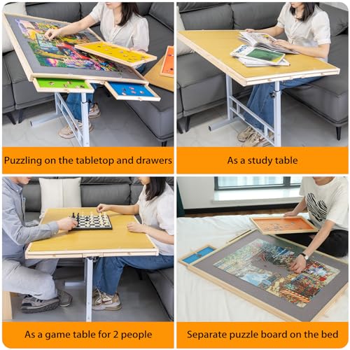 1500 Piece Puzzle Table with Drawers, 35''x26'' Adjustable Puzzle Tables for Adults and Children | 3-Tilting-Angle Portable Wooden Jigsaw Puzzle Board with Legs & Cover for Gift