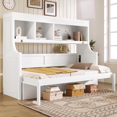 Twin Size Murphy Bed with Hidden Foldable Bed & Desk & Storage Shelves,Wood Folding Hideaway Wall Bed Cabinet with Space-Saving for Small Space Apartments Guest Room,No Box Spring Needed,White FUvellamo