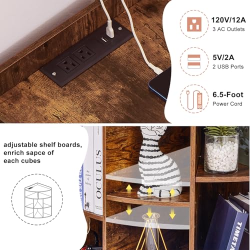 VECELO Corner Cube Shelf with USB Ports & Outlets, Modern Corner Toy Storage Rack with Adjustable Shlef, Wooden Display Bookshelf Bookcase for Living Room, Bedroom, Dining Room, Kitchen, Brown VECELO