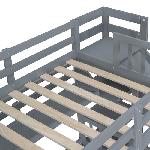 Ball & Cast Twin-Over-Twin Castle Style Bunk Bed,Wood Bunkbed w/ 2 Drawers and 3 Shelves,Full-Length Fence,Bedframe with Slide & Storage Ladder,Space Saving,Slat Support,for Child's Bedroom,Gray Ball & Cast