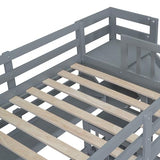 Ball & Cast Twin-Over-Twin Castle Style Bunk Bed,Wood Bunkbed w/ 2 Drawers and 3 Shelves,Full-Length Fence,Bedframe with Slide & Storage Ladder,Space Saving,Slat Support,for Child's Bedroom,Gray Ball & Cast