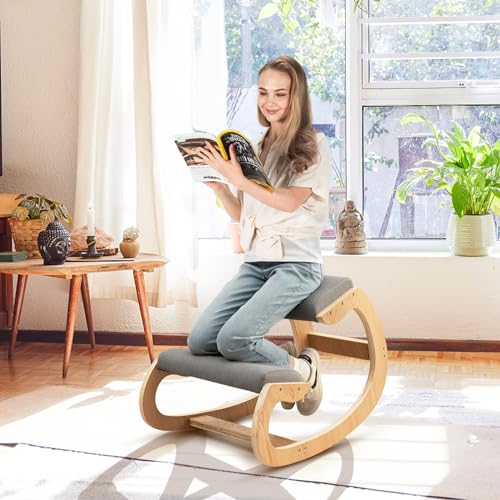 Giantex Ergonomic Kneeling Desk Chair, Rocking Knee Chair with Cushion & Solid Wood Frame, Natural Relief for Neck or Back Pain, Posture Chair for Desk, Home, Office, Max Load 330 Lbs (Grey) Giantex