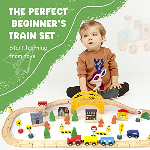 60Pcs Train Set for 3 Year Old Boys, Double-Side Wooden Train Set Tracks for Toddlers, Fits Brio, Thomas, Melissa and Doug, Kids Wood Train Toys for 3 4 5 Year Old Boys and Girls (Yellow) - WoodArtSupply