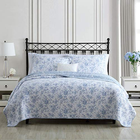 Laura Ashley - Full/Queen Quilt Set, Reversible Cotton Bedding with Matching Sham, Medium-Weight for Year Round Use, Floral Print Bed Set (Walled Garden Blue) Laura Ashley