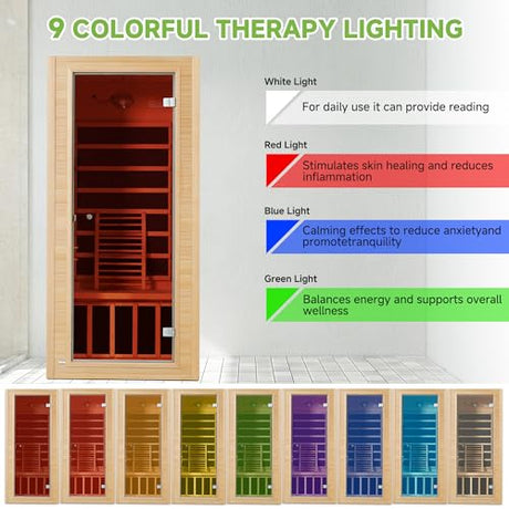 Real Relax Far Infrared Sauna for Home, 1 Person Indoor Home Sauna Low Emf, Canadian Hemlock Wooden Dry Saunas Room with Bluetooth Speakers, 9-Color Light Therapy, 1574w/110v for Personal Spa Real Relax