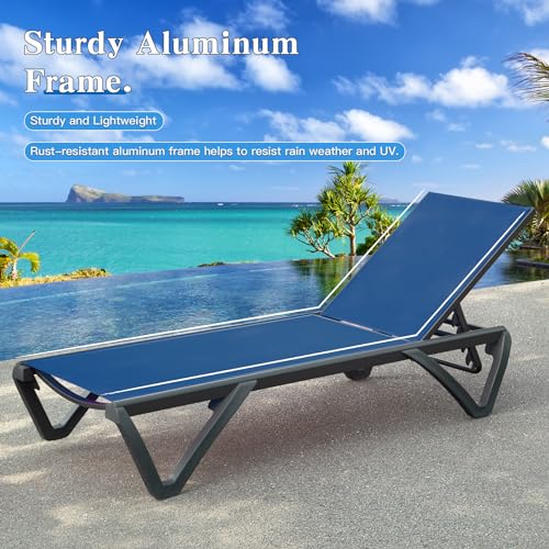 Domi Pool Lounge Chairs Set of 2, Aluminum Adjustable Outdoor Chaise Lounge with Wheels, All Weather Poolside Chairs for Deck Lawn Patio Backyard, Textilene - Navy Blue