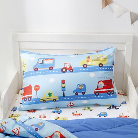 PINNKKU 4-Piece Toddler Bedding Set, Includes 1 Flat Sheet, 1 Fitted Sheet, 1 Comforter and 1 Reversible Pillowcase, Standard Toddler Comforter & Sheet Set, Ultra Soft Toddler Bed Set, Cars & Road PINNKKU