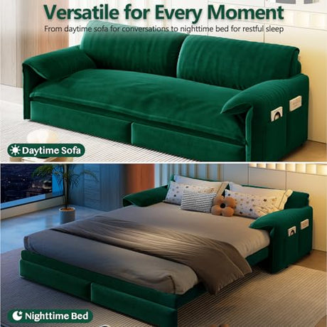 UPYOOE 63.8" Futon Sofa Bed Queen Size, Pull Out Bed, 3-in-1 Convertible Sleeper Sofa with Side Pocket, Modern Velvet Futon Couch for Living Room, Small Space, Apartment, Bedroom, Green UPYOOE