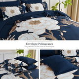 Luxudecor Floral Queen Comforter Set 7 Pieces Bed in a Bag, White Flower Print on Navy Blue Bedding Set, Soft Reversible Comforter with Sheet Set 90"x90" Luxudecor