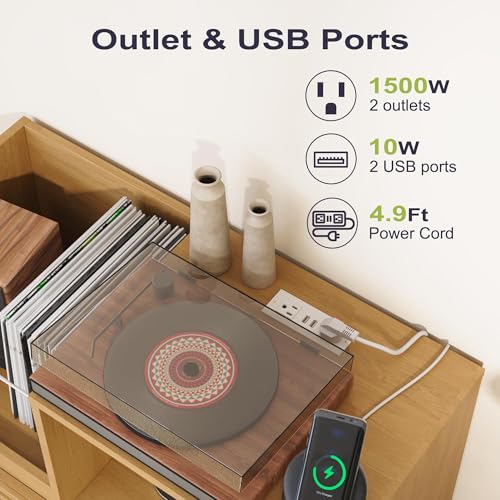 Furnify Record Player Stand with Power Outlet, Vinyl Record Storage Table Holds Up to 200 Albums, Mid-Century Turntable Stand with Slatted Doors for Living Room, Bedroom, Oak Furnify