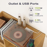 Furnify Record Player Stand with Power Outlet, Vinyl Record Storage Table Holds Up to 200 Albums, Mid-Century Turntable Stand with Slatted Doors for Living Room, Bedroom, Oak Furnify