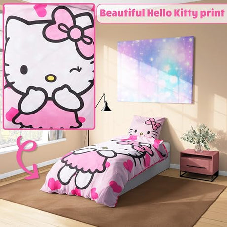 Hello Kitty Sanrio Duvet Cover and Pillowcase Set for Girls, Teens, Reversible Bedding 53 x 79” Bedroom Decor, Kawaii Gifts for Girls (Pink Hello Kitty, Single) Hello Kitty