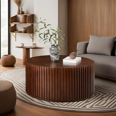 DS-HOMEPORT Round Wood Coffee Table for Living Room, Modern Handcraft Drum Coffee Table, Circle Wooden Coffee Table for Small Space Apartment, No Need Assembly(Espresso,31x31x16 in) DS-HOMEPORT