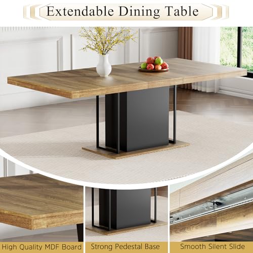 Goujxcy 78.7" Farmhouse Extendable Dining Room Table Set for 6, 7-Piece Rectangle Kitchen Dining Room Table Set with Wood Base and 6 Grey Velvet Dining Chairs, Extending Kitchen & Dining Table Set Goujxcy