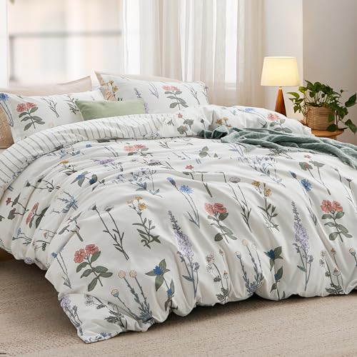 Bedsure Duvet Cover Queen Size - Reversible Cute Floral Duvet Cover Set with Zipper Closure, 3 Pieces White Bedding Set with 8 Corner Ties and 2 Pillow Shams 20"x26" Bedsure