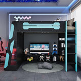 Gaming Loft Bed with Desk and RGB Light, Full Size Wood Loft Bed Frame with Storage Shelves (Blue) Harper & Bright Designs