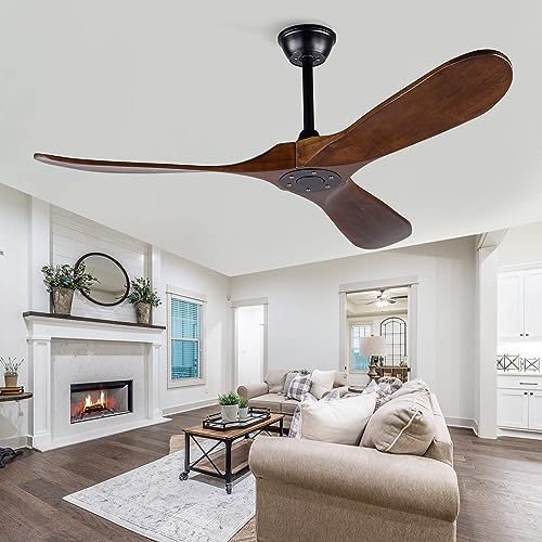 Solid Wood Ceiling Fans Without Light, 52 Inch Real Wood Ceiling Fan with Remote Control and 3 blade, Natural Wood Ceiling Fan Waterproof, Indoor Outdoor Ceiling Fans for Patio, Bedroom, Living room EOPETY