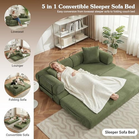 MAKIAAP 78.5'' Convertible Folding Sofa Bed, 5-in-1 Modular Floor Couch, Corduroy Small Cloud Couch, Compressed Foldable Sleeper Sofa, King Size Futon for Bedroom, Guest Room (Green) MAKIAAP